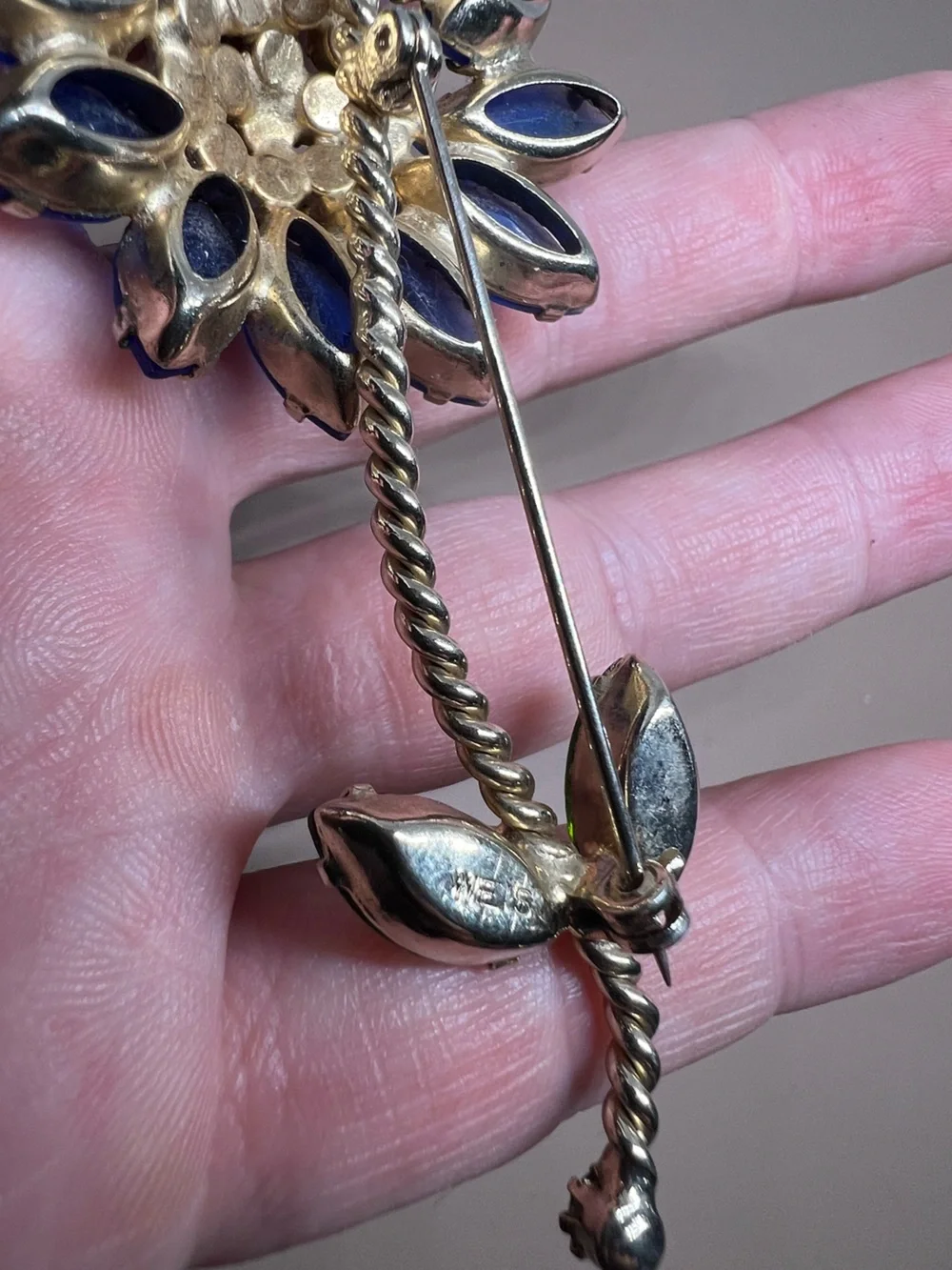 WEISS Signed Blue and Green Floral Crystal Brooch